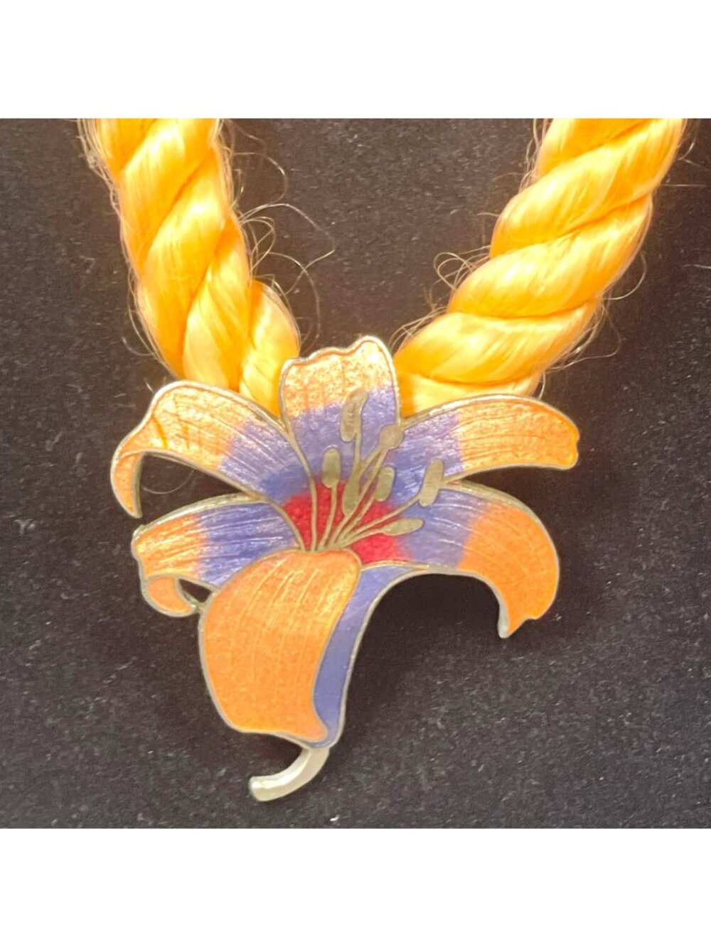 Cloisonné Enamel Necklace Pendant Lily 24" Peach Rope Barrel Clasp 80s Vintage